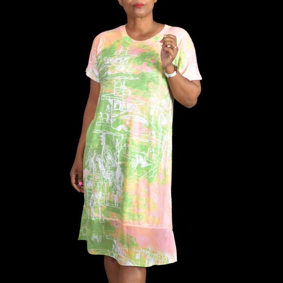 Inoah Dress Green Jersey T Shirt Lagenlook Doodle Print Artsy Pastel Size Small - Picture 13 of 13